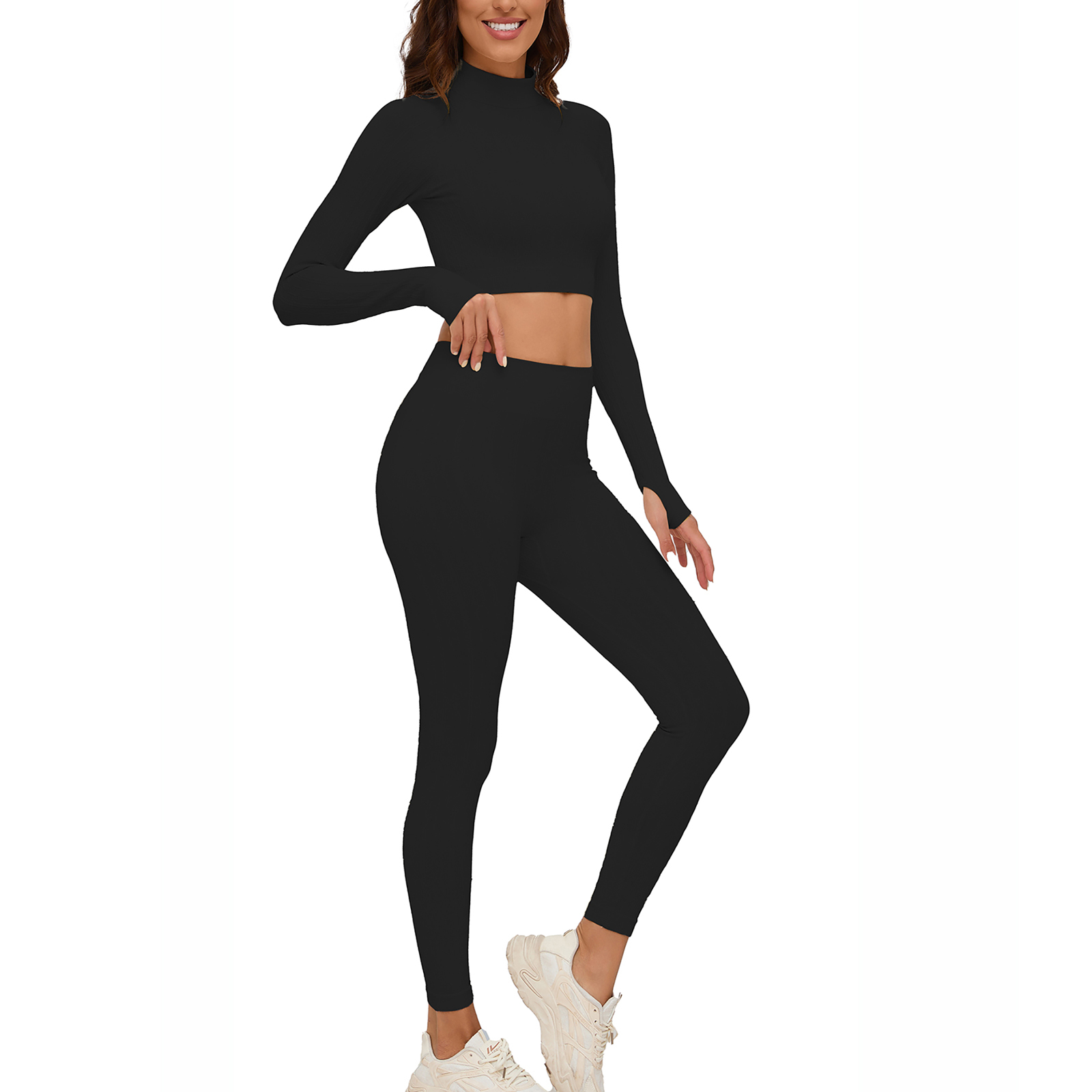FLW Women's 2-Piece Breathable Workout Sets High Waist Yoga Leggings with Long Sleeve Tops Solid Pattern Wholesale