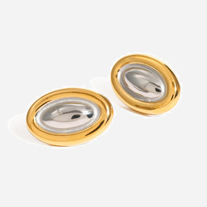 Oval <b>Stud</b> <b>Earrings</b> 18k Gold Stainless Steel Color Blocked Geometric Design Zinc Alloy Fashion Jewelry - Product Image 1