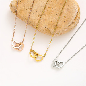 Collier double anneau en forme de cœur en alliage de zinc, or rose, or blanc, pour femme, bijoux cadeau - Product Image 1