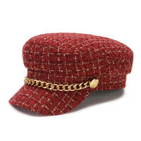 Gorro de Mujer para Otoño e Invierno, Cálido, Plano, con Cadena, Diseño a Cuadros, Estilo Japonés y Coreano, Moderno, Versátil y Transpirable