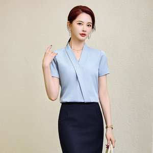 Women's Professional <b>Wrap</b> Shirt Short Sleeve <b>White</b> Anti-Wrinkle Work Blouse OL Formal Top - Product Image 2
