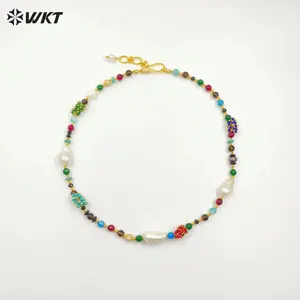 WT-JN264 Gorgeous 8MM Round Faceted Natural Agate And Baroque Pearl Lady Beads Necklace In 26 Inch Long