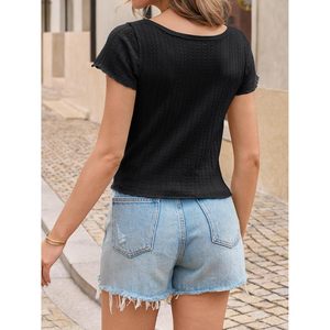 Custom Womens <b>Crop</b> <b>Top</b> <b>Short</b> <b>Sleeve</b> Scoop Neck Knit Pullover Summer Casual Outfit Viscose Cotton Blend - Product Image 4