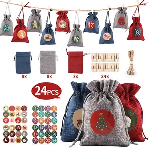 Linna 10*14Cm Burlap Bag Christmas Advent 24 Pieces For 1 Pack Gift Present Birthday Party Calendar Christmas Decorations 2024