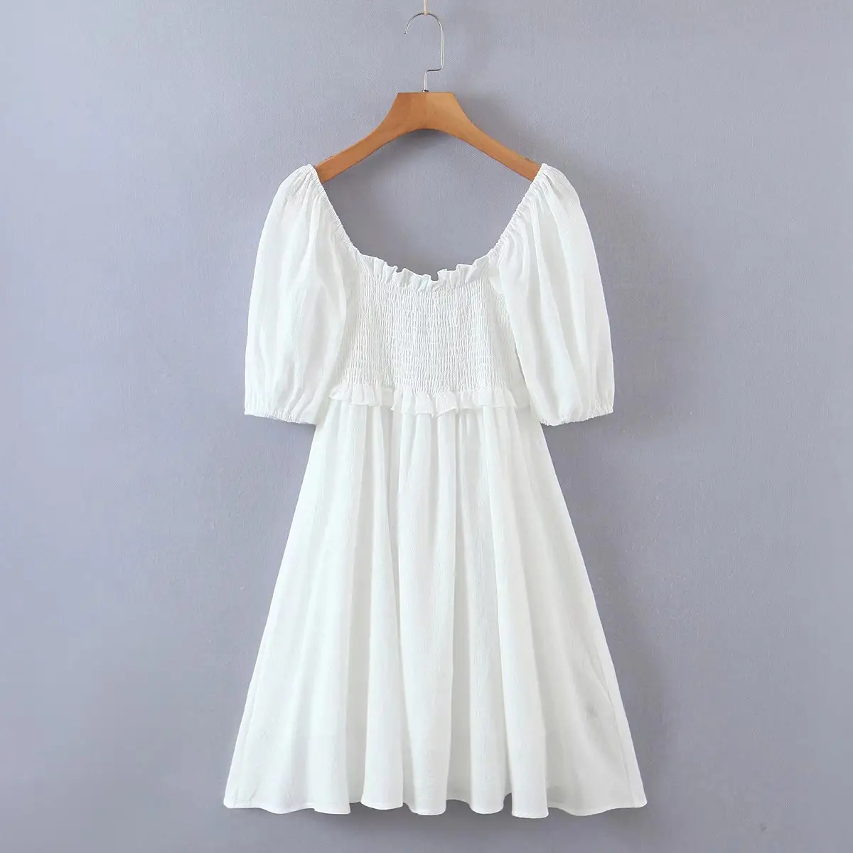 Korean Sweet Design Square White Color Ladies Fancy Dress Summer Cotton Babydoll Short Sleeve Casual Dress