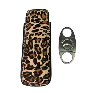 Tùy chỉnh Leopard in da Cigar trường hợp ống với Cigar Cutter hút Phụ Kiện Bộ Quà Tặng