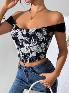 Damen New Style Sommer Korsett Floral One-Shoulder Hosenträger Casual Short Vest Exposed Navel Vielseitig gestricktes Crop Top Schwarz - Product Image 5