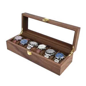 Caixa de relógio multifuncional retrô de madeira com 6 grades, caixa de exibição multifuncional para coleção de relógios, com capacidade de 1L, comestível, com segurança, MOQ 20 peças