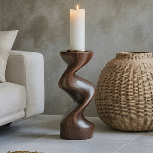 Modern Sculptural Wooden Spiral <b>Pillar</b> <b>Candle</b> Holder <b>Tall</b> Size Dark Walnut Finish Handmade Christmas Easter for Floor Decor - Product Image 1