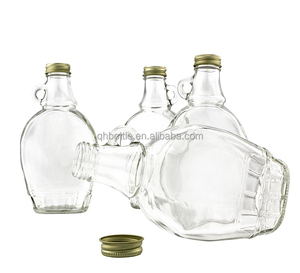 Prezzo di fabbrica 150/250/375/500ml piatto chiaro bottiglia di vino in vetro con manico durevole per succo di liquore alcol puro sciroppo d'acero - Product Image 4