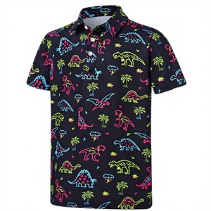 Polo à manches courtes pour homme, imprimé dinosaure de dessin animé, décontracté, respirant, en polyester tissé, noir avec couleurs néon - Product Image 4