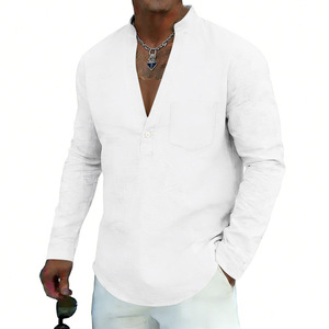 Camisa Casual de Lino para Hombre, Cuello en V, Holgada, con Cuentas, Botón Único, Transpirable, Sin Planchado, Tallas Grandes, Primavera/Otoño - Product Image 2