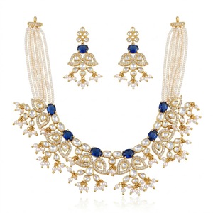 Luxury 925 Silver Sapphire Pearl <b>Necklace</b> Set Designer Bridal Jewelry Traditional Earrings for Classic Beaded Strand Design - Product Image 1