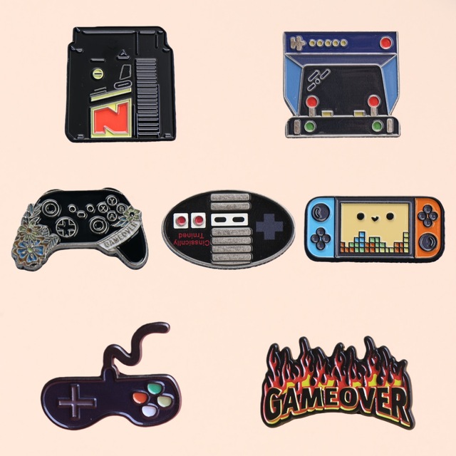Retro Game Console Enamel Pins Vintage Game Controller Game Over Brooch Lapel Badge Backpack Jewelry Gift