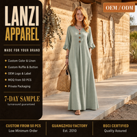 Robe longue en lin personnalisée pour femme, col en V, boutons en bois, manches à volants, poches latérales, coupe trapèze, fabricant OEM ODM