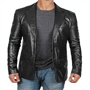Chaqueta de Motociclista de Cuero Azul para Hombre, Cuello Camisero, Cierre de Cremallera, Corte Regular, Color Sólido, para Otoño - Product Image 1
