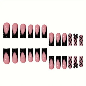Offre Spéciale : 24 <span class=keywords><strong>faux</strong></span> <span class=keywords><strong>ongles</strong></span> français noirs scintillants, amovibles et à presser pour application sur les doigts - Product Image 3
