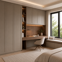 Armoires de bureau avec rangements à cadre taupe, bureau couleur noyer et étagères lumineuses