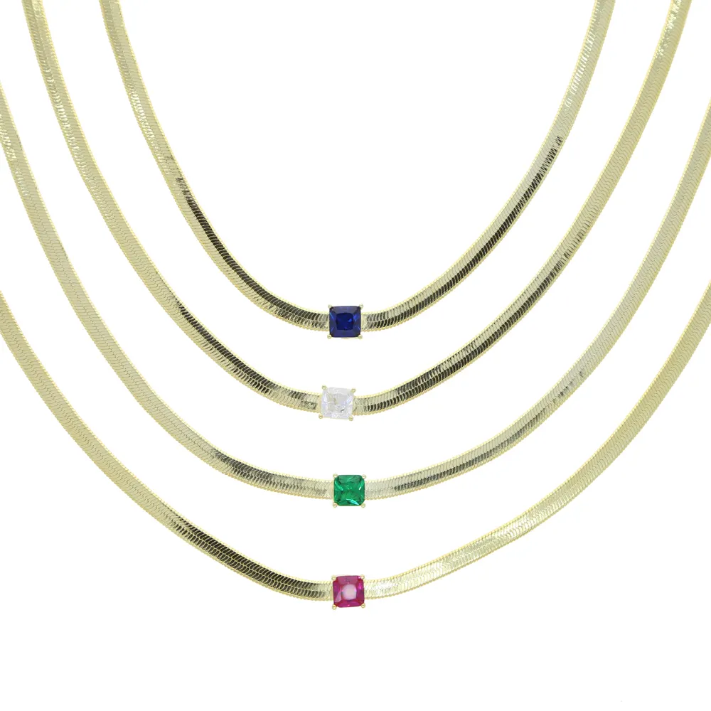 18k gold plated european women chains choker colorful cz stone 4mm herringbone necklace