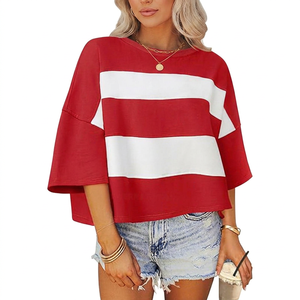Camisetas informales de manga 3/4 de verano para mujer, camisetas de gran tamaño con cuello redondo a la moda y diseño de hombros caídos, ligeras - Product Image 1