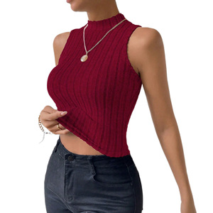 Chaleco Corto <span class=keywords><strong>de</strong></span> Punto para <span class=keywords><strong>Mujer</strong></span>, Estilo Vintage Retro, Color Vino Tinto, Cuello Alto, Sin Mangas, Ajustado, para Otoño - Product Image 5