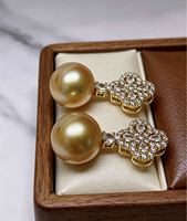 Boucles d'oreilles en argent 925 avec zircon, trèfle à quatre feuilles et perle dorée d'eau de mer