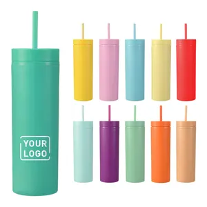 Hot Sale Custom Reusable Drinks Tumbler Double Wall Straight Shape Skinny plastic tumbler with lid and straw