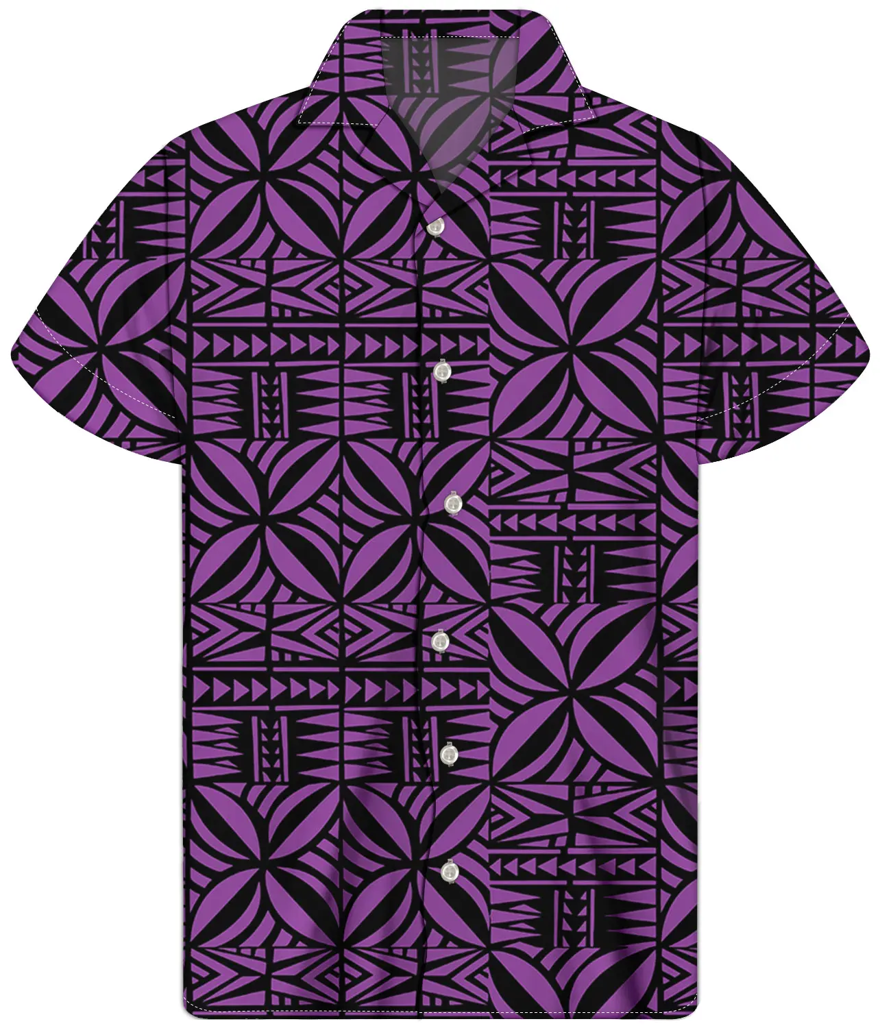 1Pc Heren Zwart En Paars Polynesische Afdrukken Shirts Tribal Design Zomer Mannen Mode Exclusieve Custom Jongen Cubaanse kraag Shirt