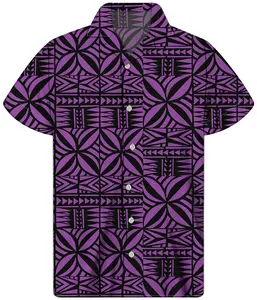 1pc Men's Black And Purple Polynesian Printing Shirts Tribal Design Summer Men's Fashion Exclusive Custom Boy Cuban Collar Shirt