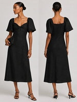 Vestido Midi de Lino Negro con Cuello Cuadrado y Nudo Frontal con Volantes y Manga Corta, Novedad de Verano 2026, Gran Venta en EE. UU. y Australia
