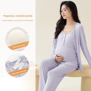 <span class=keywords><strong>Pigiama</strong></span> Premaman a Tre Pezzi in Modal a Righe con Scollo a V, Maniche Lunghe, per Primavera, Autunno e Inverno - Product Image 3
