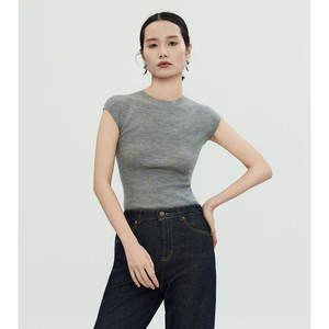 <span class=keywords><strong>Pull</strong></span> en laine 18GG pour femmes coréennes, printemps, t-shirt, coupe ajustée, col rond, <span class=keywords><strong>sans</strong></span> manches, couleur unie, 100% laine pure, tricot - Product Image 1