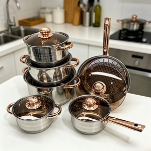 Meilleures ventes 2026 – Ensemble de 12 ustensiles de cuisine en acier inoxydable avec poignées en cuivre et couvercles en <span class=keywords><strong>verre</strong></span> brun, compatible induction - Product Image 5