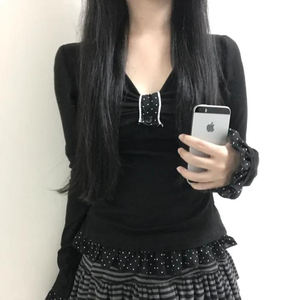 Korean Style Sweet Polka Dot <b>V</b> <b>Neck</b> <b>T</b> <b>Shirt</b> for <b>Women</b>, Ruffle Trim Patchwork Ruched Button Design, Cute Casual <b>Women</b> Top - Product Image 3