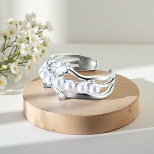Wholesale Silver Color Multi Row Open <strong>Rings</strong> Alloy Pearls Zircon <strong>Ring</strong> Smooth <strong>Wavy</strong> Stacked Adjustable Fine Jewelry for Women Girls - Product Image 3