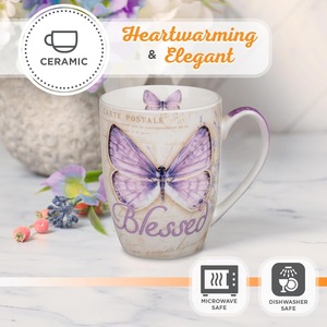 Taza de Café con Mariposa Púrpura Botánica, Regalos de Arte Cristiano, Versículo Bíblico Inspirador, Bendecido Jer. Contemporáneo sin plomo - Product Image 3