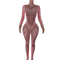 Body sexy à manches longues avec strass et perles Combinaison femme spectacle danse Combishort bal fête club Barboteuses extensibles Combinaison une pièce pour femmes