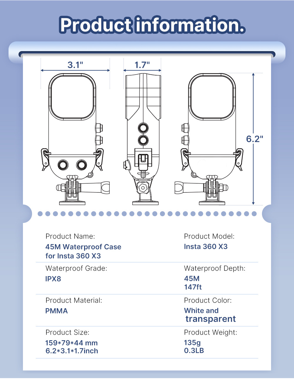 60M Insta 360 Dive Case Action Camera Accessories Waterproof Case Waterproof Housings for Insta 360 X3