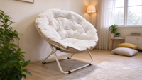 Fauteuil lune moderne rond en tissu Oxford, pliable, avec structure en métal, pour chambre, jardin et salon