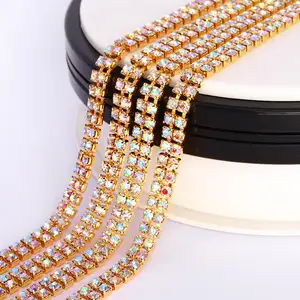 Großhandel Kristall Strass Kette Trimmen 2 Reihen Gold Cup Kette Strass Ketten Trim für Tasche Schuhe Stoff