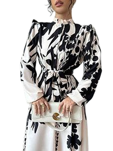 Abito autunnale da donna che abbraccia abito Casual antirughe con motivo floreale a maniche lunghe a mezza lunghezza e vita - Product Image 3