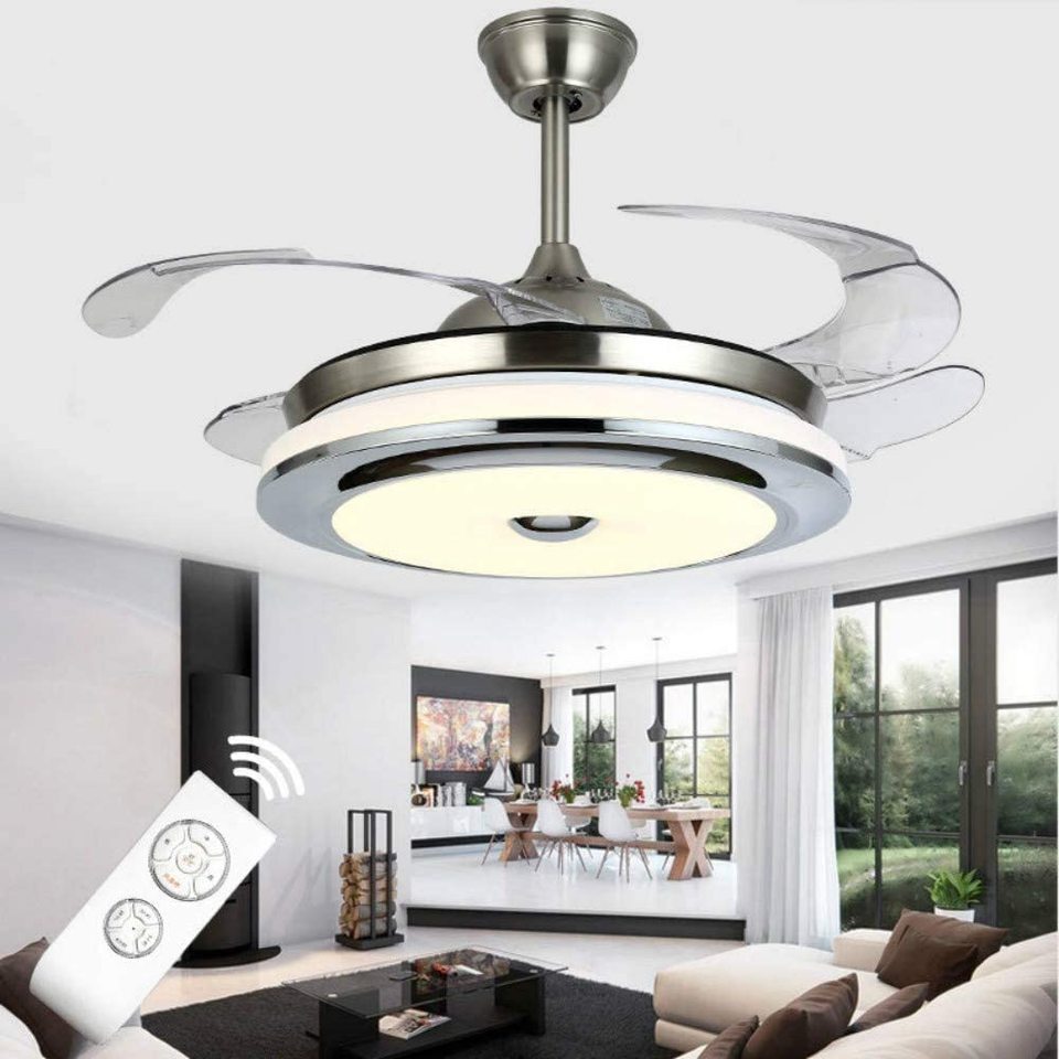 Modern LED Ceiling Fan Light for Dimmable Remote Control 6-Speed Reversible Silent Motor Iron Lamp Body DC Motor 4 Blades