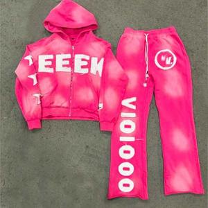 Ropa de calle personalizada estampada de talla grande recortada para hombre, Conjunto de sudadera con capucha y pantalones de chándal, chándales con estampado de soplo de lavado ácido de alta calidad - Product Image 2