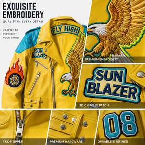 Blouson de <span class=keywords><strong>moto</strong></span> en <span class=keywords><strong>cuir</strong></span> classique <span class=keywords><strong>vintage</strong></span> jaune sur mesure avec logo OEM, blouson bomber de course en <span class=keywords><strong>cuir</strong></span> pour homme - Product Image 2