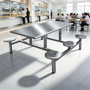 Ensemble de table de cantine rectangulaire en acier inoxydable avec tabourets ronds, table de restauration rapide robuste anti-rouille pour cafétéria - Product Image 4