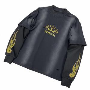 T-shirt à manches longues surdimensionné pour homme avec logo personnalisé, style streetwear, en coton épais, avec patchwork de strass, motif graphique, vente en gros - Product Image 1