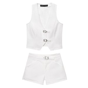 TRAFSHE Women 2 Piece Set V-Neck Sleeveless Button Vest <strong>Top</strong> + Elegant Splicing High Waist Zipper Shorts Women Suits