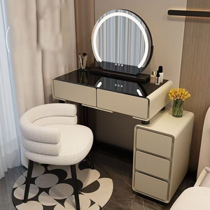 Table de toilette de luxe pour chambre à coucher avec miroir rond éclairé, rangement - Product Image 5
