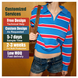 Custom Design <strong>Women</strong> Sweater Blue Red Stripe Knitwear <strong>Polo</strong> <strong>Neck</strong> <strong>Jumper</strong> Long Sleeves Pullover Wholesale <strong>Women's</strong> Sweaters - Product Image 1