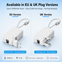 Chargeur mural 3 en 1 avec batterie externe 10000 mAh, câbles doubles intégrés, charge rapide PD 22,5 W, pliable, prise UK EU, voyage